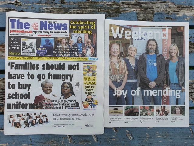 A photo of a newspaper that features Repair Cafe Gosport on the front page and in a separate insert
